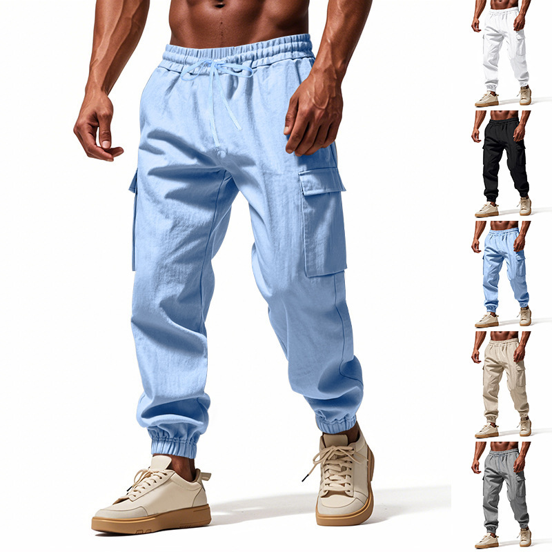 New amazon men's overalls jogging pants pants drawstring elastic waist multi-pocket flat breathable outdoor