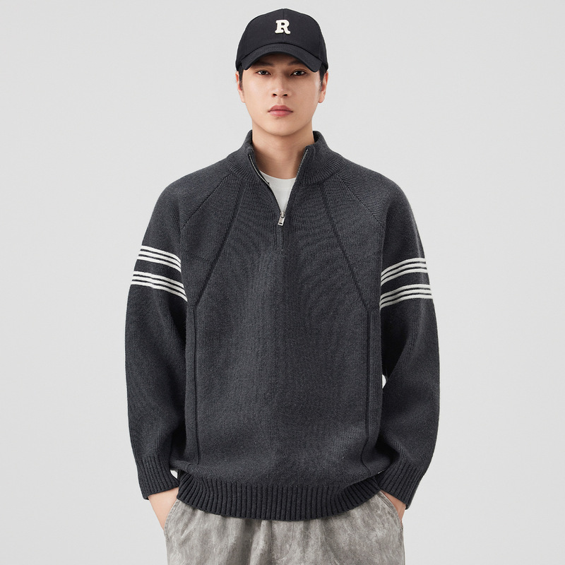 Striped color-block 2026 new half-zip stand-up collar sweater for men, autumn and winter high-end large size thickened warm outerwear Striped color-block 2026 new half-zip stand-up collar sweater for men, autumn and winter high-end large size thickened warm outerwear