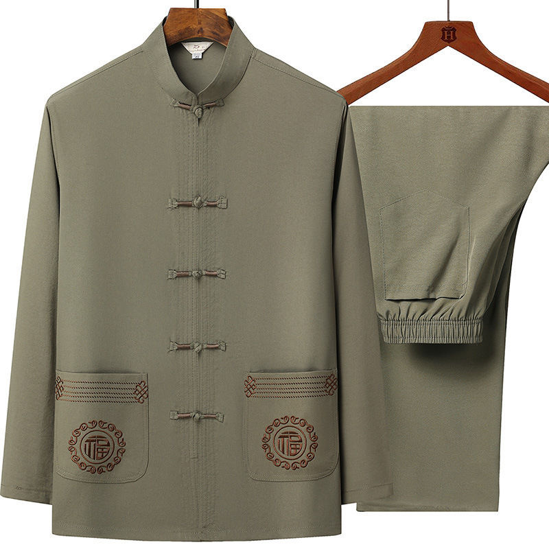 Tang suit for middle-aged and elderly men, long-sleeved suit, new Chinese style, summer father/grandfather outfit, ice silk Hanfu, autumn style, thin clothes.