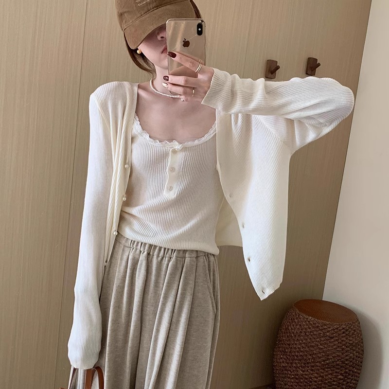 花边吊带两件套针织衫上衣女秋季新款甜美气质简约风百搭套装时尚|undefined