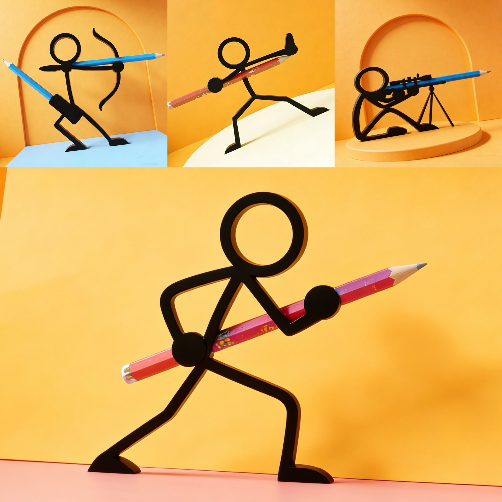 Stickman Warrior Pencil Holder 3D Printed Pencil Stand Fun Ornament Surprise Gift Y Toy Model
