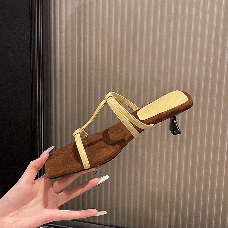 2025 Summer New French Open-Toe High-Heeled Mules For Women, Square-Toe, Lace-Up, Retro Casual Style_vogvips.com