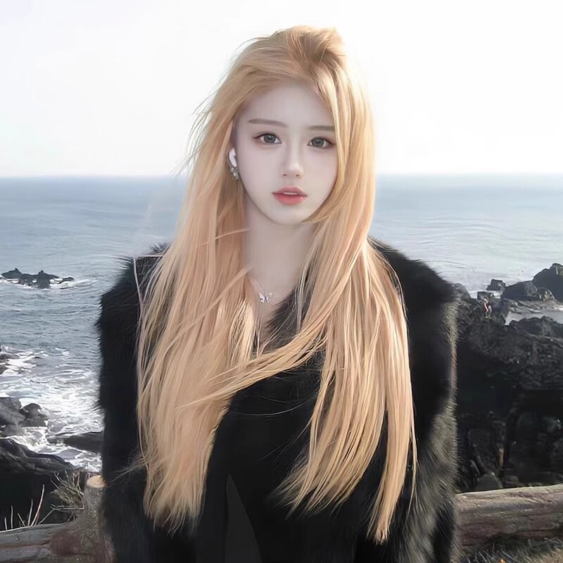 Koni Wig, Golden Wig, Long Hair for Women, Same Style as Rose, K-Pop Girl Group Style, Middle Parting, Long Straight Hair, Realistic Human Hair Koni Wig, Golden Wig, Long Hair for Women, Same Style as Rose, K-Pop Girl Group Style, Middle Parting, Long Straight Hair, Realistic Human Hair