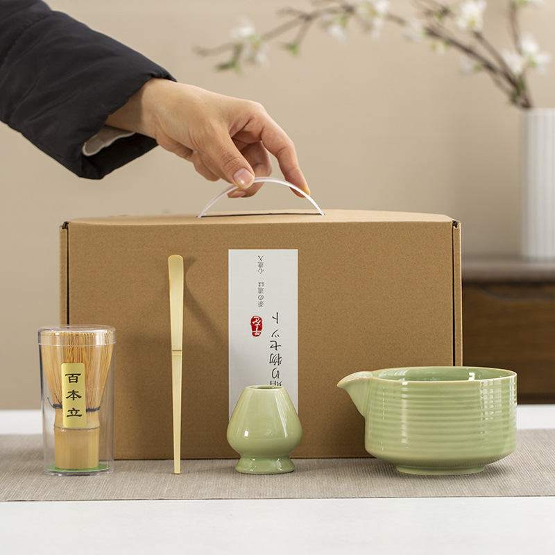 Juego de cuatro piezas de ceremonia del té de matcha, jaula de té de Baiben, tazón de té de pie, juego completo de combinación japonesa, té de punto, accesorios de jaula de té