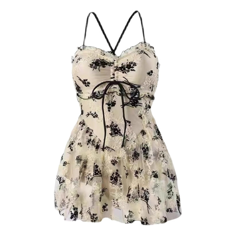 Estilo explosivo traje de baño de malla de estilo puro, vestido de una pieza con tirantes florales para mujer, traje de baño de vacaciones de playa de aguas termales al por mayor