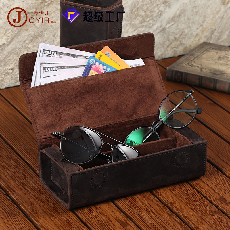 Summer Crazy Horse Leather Portable Travel Creative Leather Glasses Case Genuine Leather Two-Pack Sunglasses with Frame Storage Box