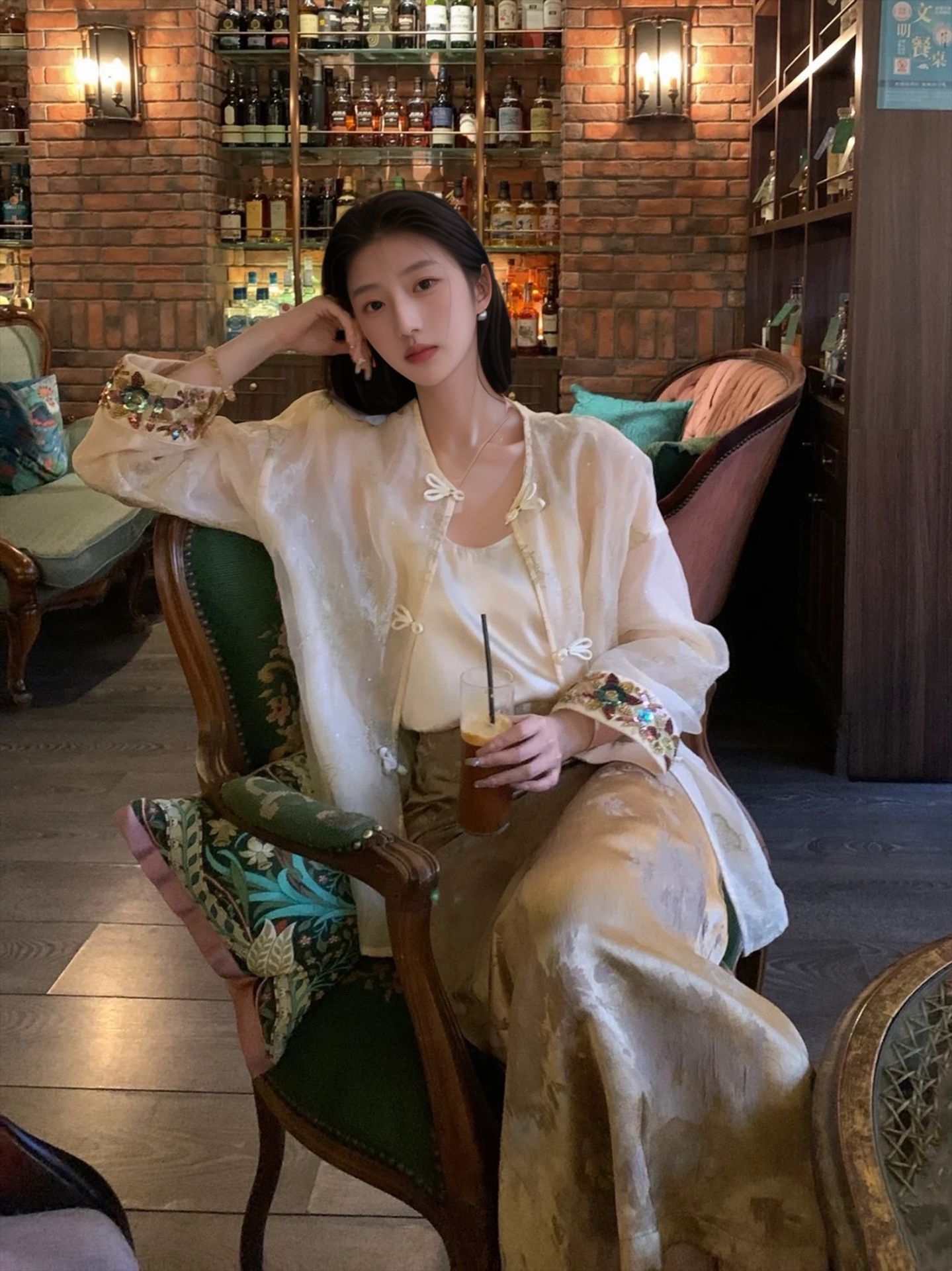 Spring apricot lace silk elegant design shirt