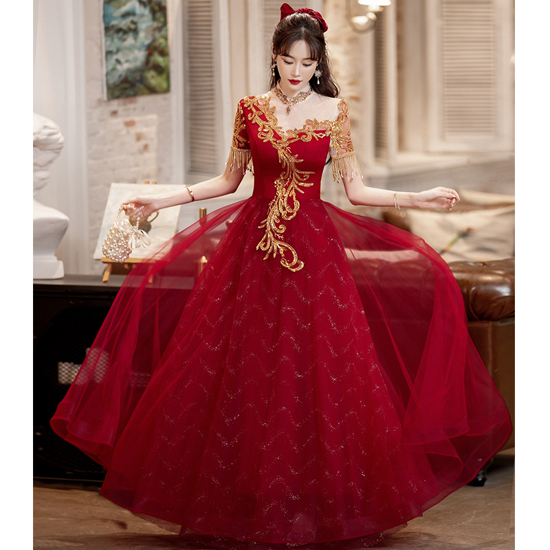 Vestido tostado de estilo chino para la novia, boda transfronteriza, ropa informal el día de la boda, vestido de compromiso de primavera burdeos, vestido de novia para mujer