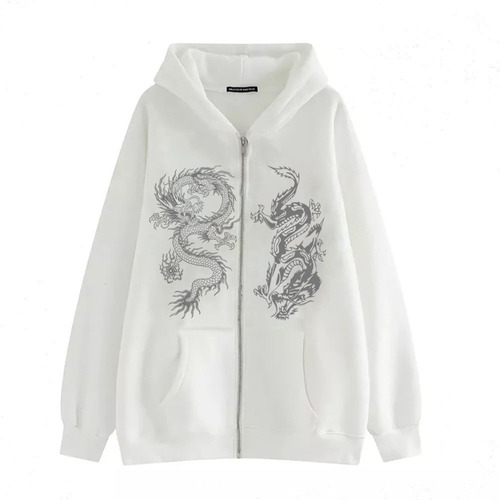 Women's Dragon Print Zip Hoodie, European and American Street Fashion, Trendy Loose Fleece Jacket