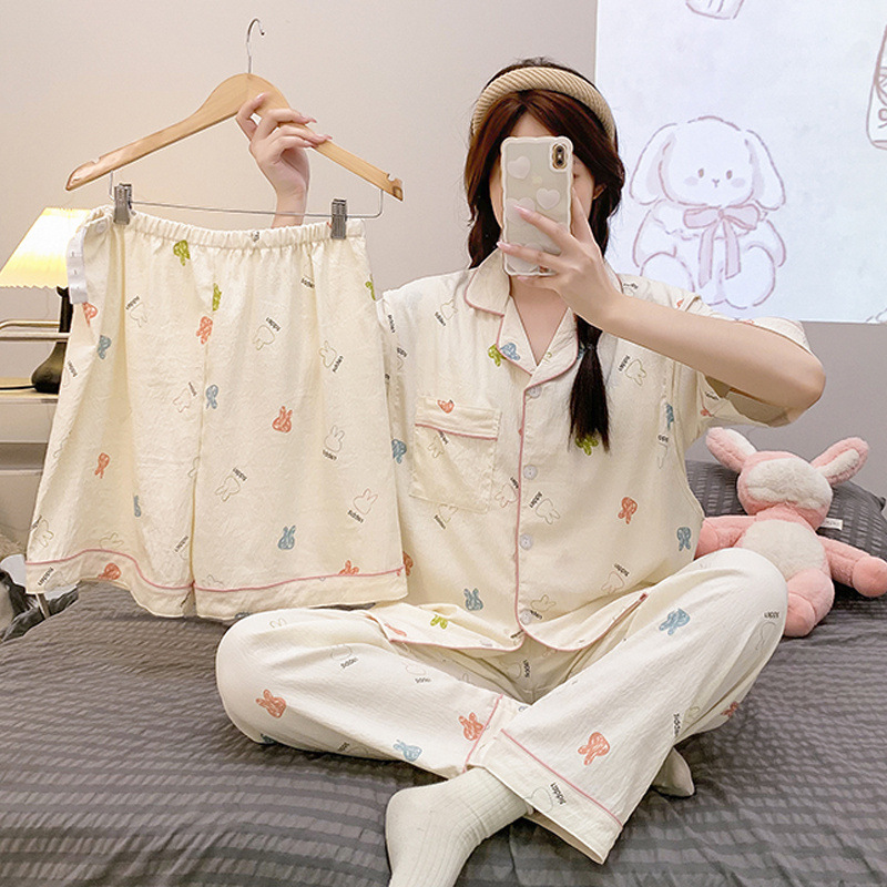 Cloud Cotton Belt Chest Pad Three-piece Set Pregnant Women's Pajamas Summer Thin Short-sleeved Trousers Pregnant Women's Summer Nursing Clothes