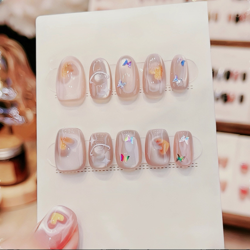 Happy Planet Wearable Nails Handmade Short Oval Nail Stickers Clear Cat Eye Nude Color Brightening Nail Shell Happy Planet Wearable Nails Handmade Short Oval Nail Stickers Clear Cat Eye Nude Color Brightening Nail Shell