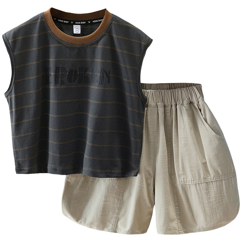 7371 Traje de verano para niños 2025 nuevos pantalones cortos de chaleco a rayas sin mangas para niños de dos piezas