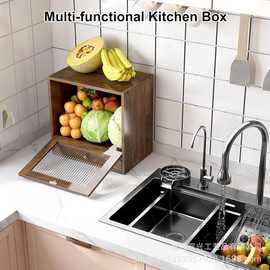 厨房木质面包箱带抽屉木质面包盒咖啡吧台桌面食品柜存储收纳架