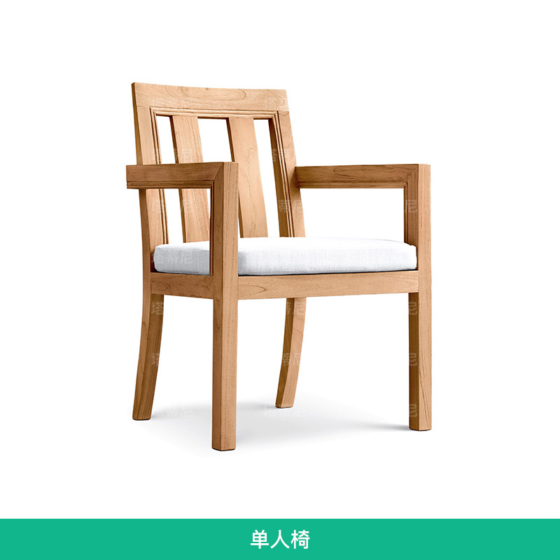 Conjunto de mesa y sillas de teca para patio de villa, madera maciza con acabado envejecido, madera anticorrosiva, mesa y sillas de exterior resistentes al agua y al sol.