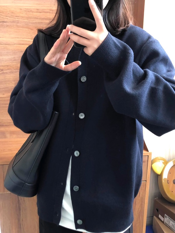 藏青色针织衫开衫女春秋宽松慵懒高级感别致休闲百搭毛衣外套上衣|undefined