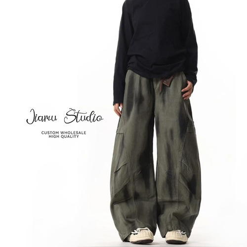 JIAMU American Retro Pleated Loose Neutral Style Dirty Dyed Bended Knife Casual Pants for Men and Women Sheer Wide Leg Work Pants
