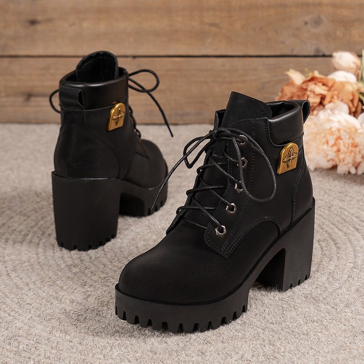 New Trendy Spring and Autumn Wearable Nude Women's Low-Heeled Round-Toe Large-Size Martin Boots Large-Size Women's Shoes