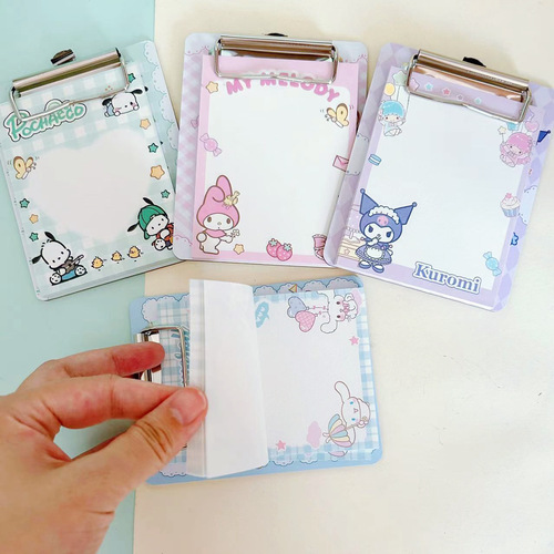 Sanrio note pad, high-looking Kuromi student portable sticky note with splint, mini board clip, sticky note