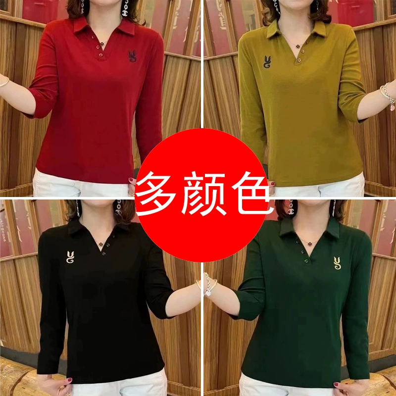 Универсальная, стройнящая, свободная, стильная и многофункциональная футболка-поло с длинным рукавом для женщин среднего возраста, весна-осень.