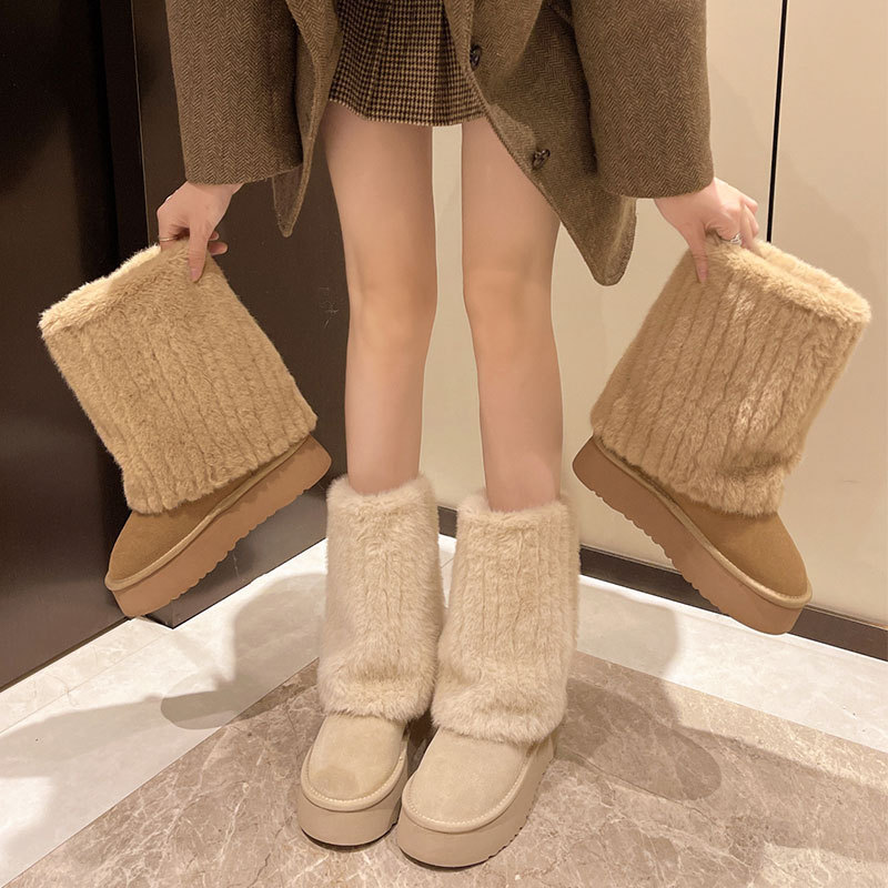 厚い底の毛の靴の女性のタイプ2025冬の新型の外は高級感のアイスランドのベルベットの中筒を着て高くなります。|undefined