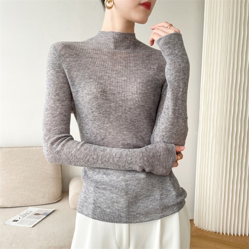 Sexy See-Through Elastic Starry Sky Bottoming Shirt with Water-Soluble Wool Ultra-Thin Slim Fit Sequined Bottoming Shirt with Half Turtleneck