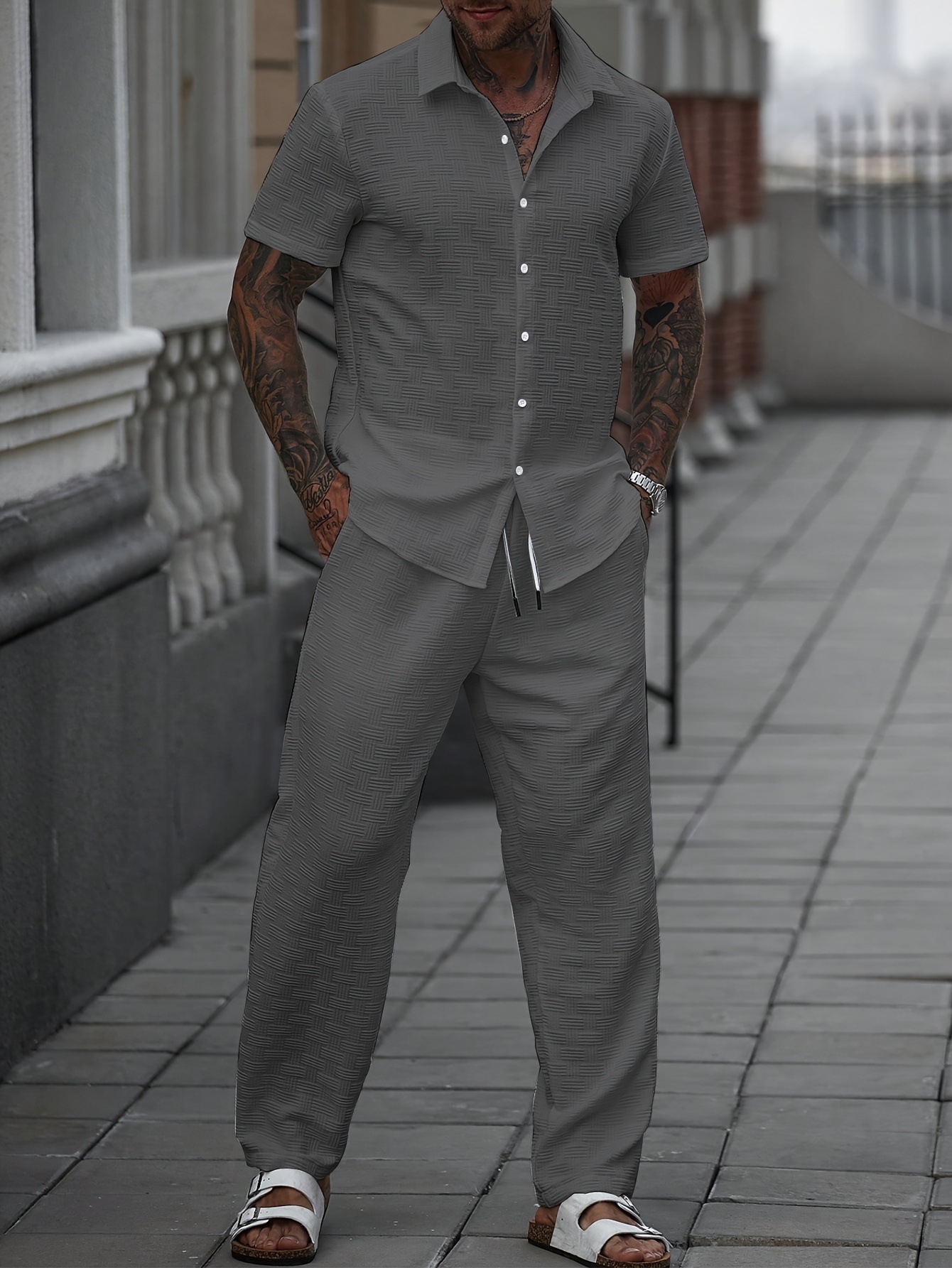 Men's Solid Color Summer Casual Set Single-Breasted Short Sleeve Shirt And Pants Outfit_viptrois.com