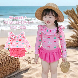 Children's Swimwear Girl's Sweet 2025 New Style Split Long Sleeve Sun Protection Cute Wind Speed Dry Boxer Skirt Swimsuit