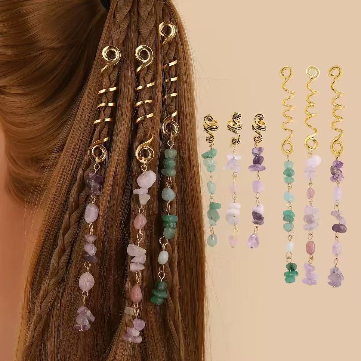 European and American Style Exaggerated Braided Hair Rope with Natural Stone Pendant, Ethnic Style Hair Ring, Vintage Hair Clip