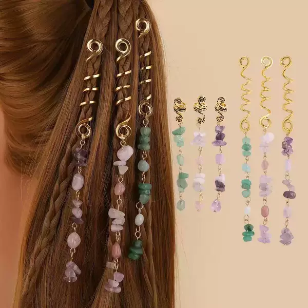 European and American Style Exaggerated Braided Hair Rope with Natural Stone Pendant, Ethnic Style Hair Ring, Vintage Hair Clip