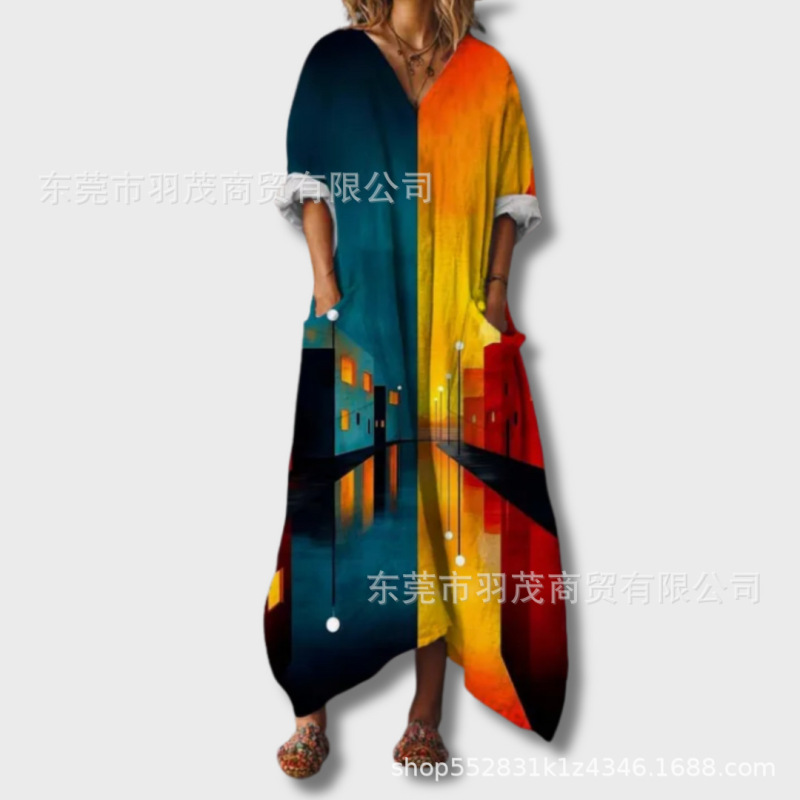 2025新款独立站女式复古花卉艺术图案印花口袋V领口袋连衣裙2|undefined