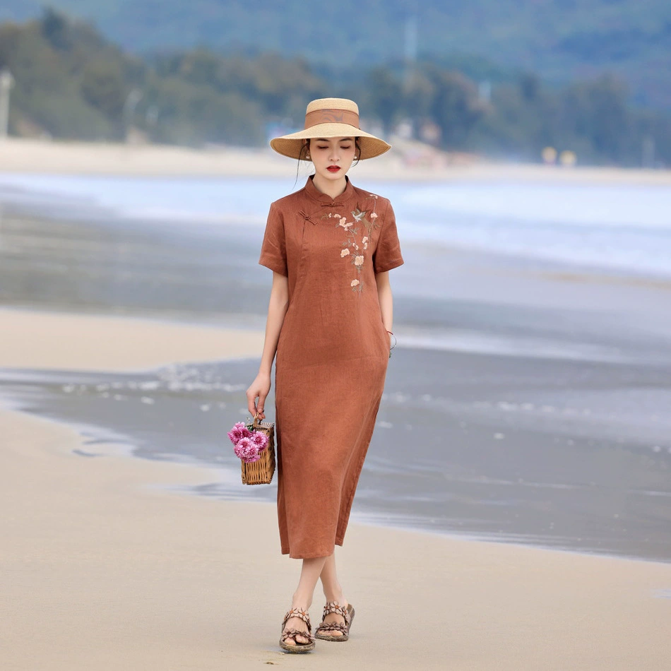 2025 новый оригинальный женский ретро льняная вышивка длинное платье женское высокое качество с короткими рукавами чайный костюм длинное платье
