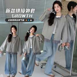 设计感系带蝴蝶结撞色格子拼接长袖衬衫女童秋季新款荷叶边上衣潮