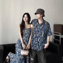 一件代发2024实拍情侣装法式复古碎花吊带沙滩裙一衣一裙