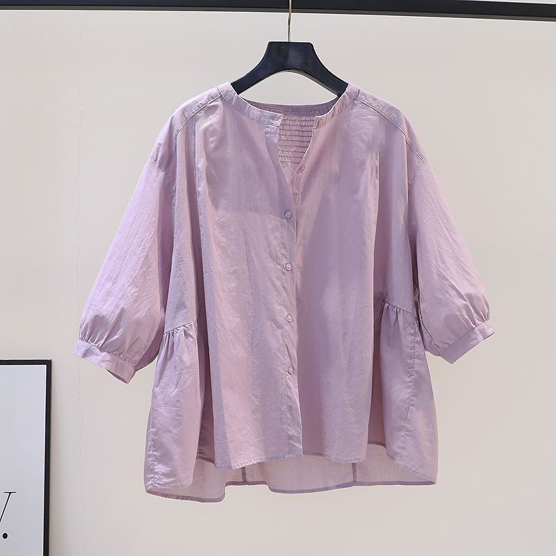 French Purple Tencel Puff Sleeve Short-Sleeved Top for Women Summer Thin Petite Babydoll Shirt Sun Protection Shirt Loose