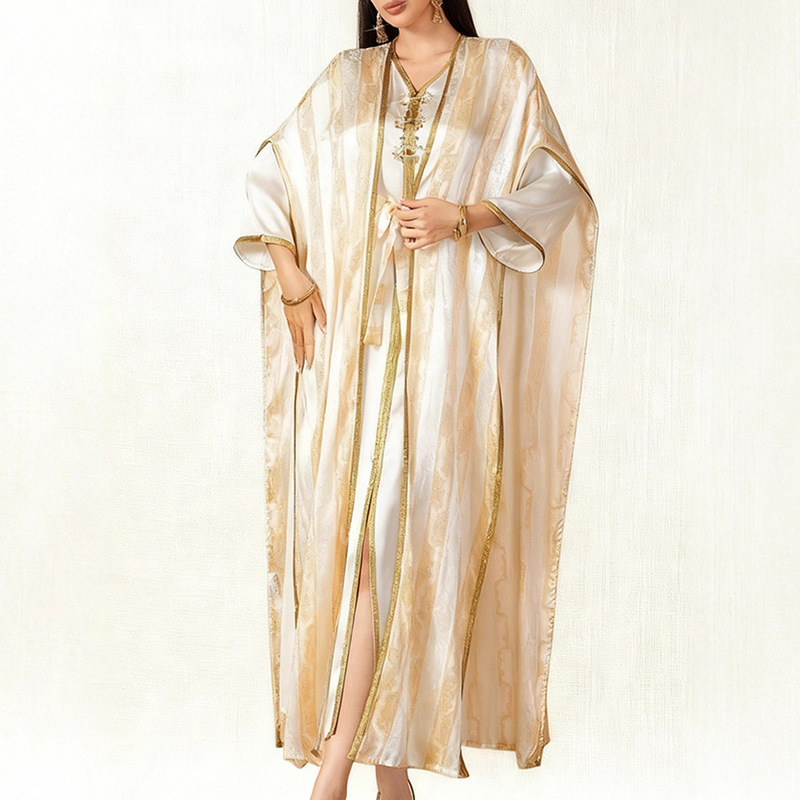 Luxurious Jacquard Satin Robe, Gold and White Contrast Color V-Neck Tie Abaya Dress, Cross-Border Women's Fashion 2025
