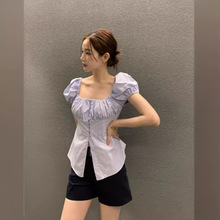 韩国chic夏季减龄复古气质单排扣方领修身显瘦后背系带泡泡袖衬衫