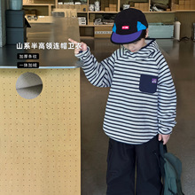 童酷2025男童冬款山系贴标贴袋宝宝上衣一体绒条纹连帽儿童卫衣潮