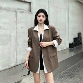 实价 早秋长袖条纹拼接假两件西装外套女垫肩西服