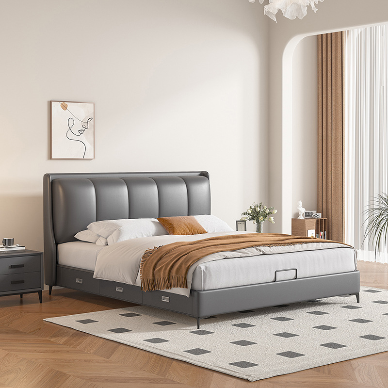 Cama doble tapizada de estilo italiano nórdico de fábrica, simple y versátil, con tres cajones, cama multifuncional de madera maciza con almacenamiento.