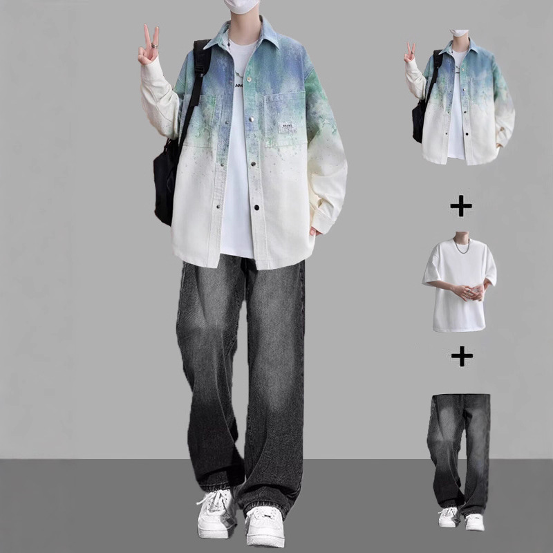 渐变牛仔衬衫男学生潮牌春秋季新款衬衣男装一套搭配帅气外套装|undefined