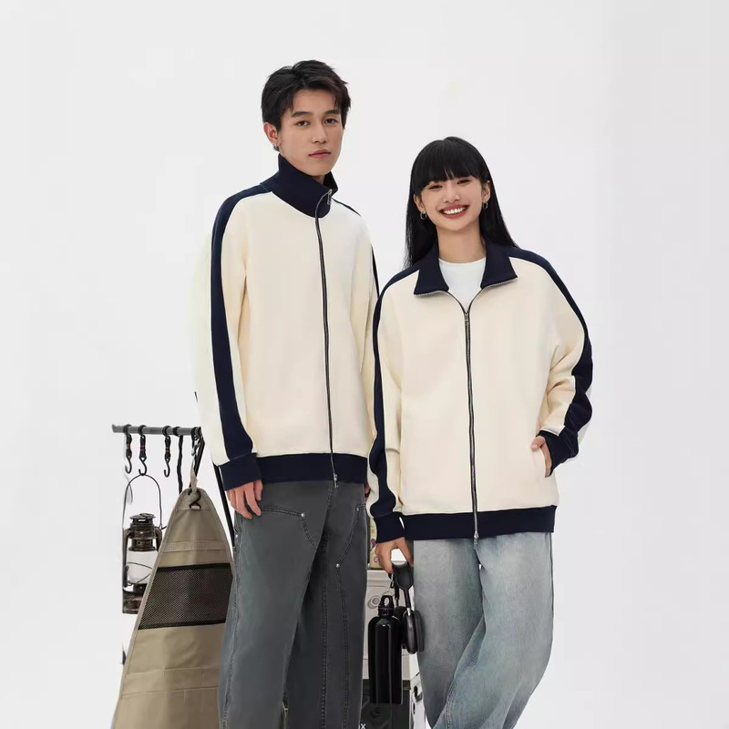 New Cotton Contrast Color Double Zipper Stand Collar Sweatshirt Men's Trendy Knitted Cardigan High School College Sports Uniform Jacket for Women