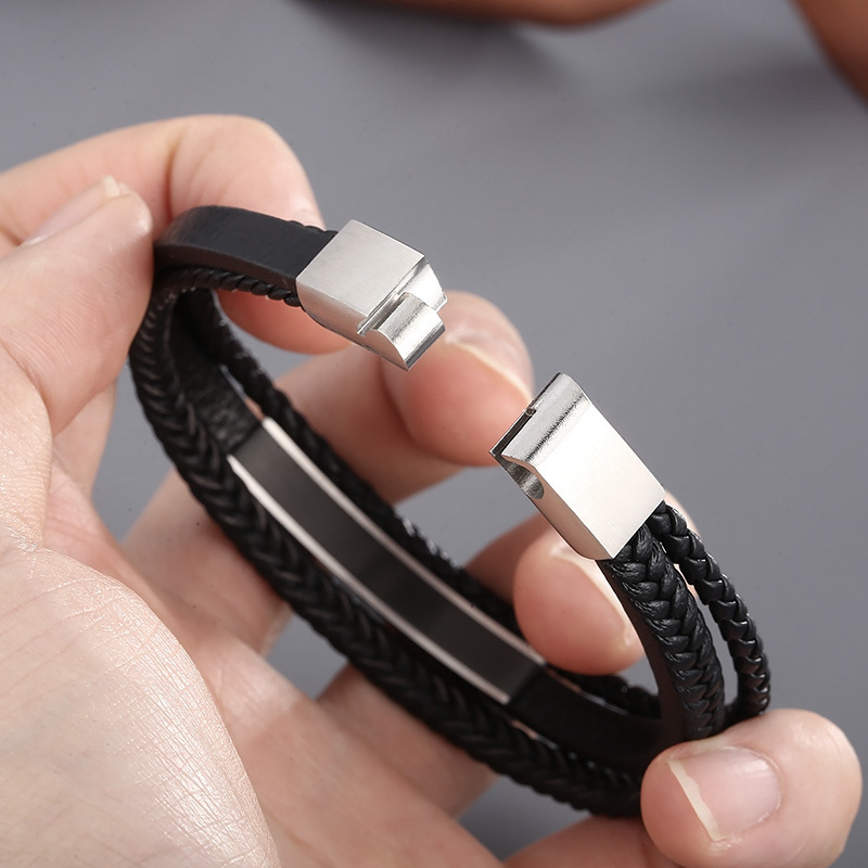 Bangle Classification Casual Simple Style Geometric Stainless Steel Cowhide Braid Men's Bangle Men Cord & Leather Bracelets