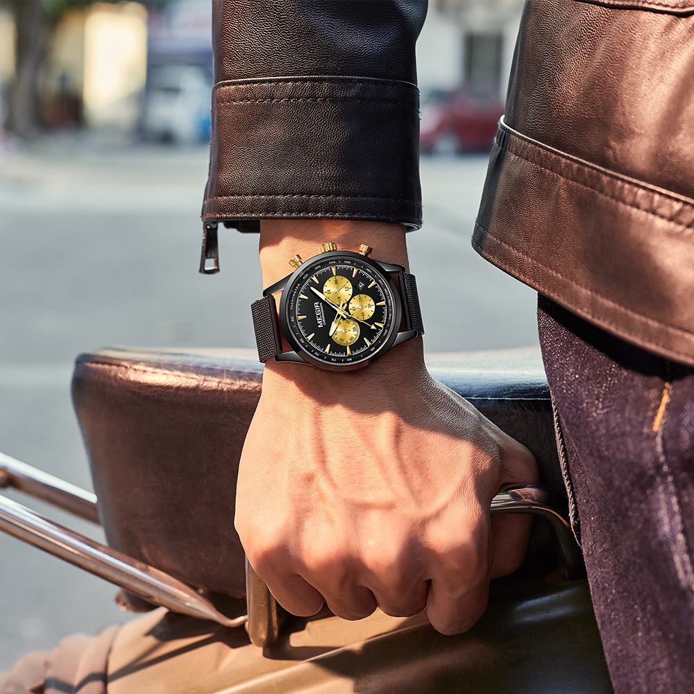 Orologio cronografo da uomo sottile - Cinturino in maglia di acciaio inossidabile da 44 mm, lancette luminose, data, resistente all'acqua fino a 30 m (quadrante nero/blu/oro rosa)_voghion.com