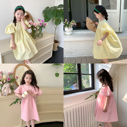 Elmo Beibei Girls Hollow Puff Sleeve Princess Dress Children's Korean Style Simple Western Style Thin Cotton Dress Summer