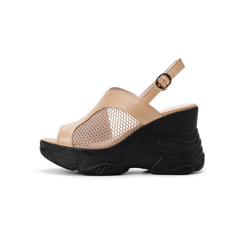 Sandal nữ hở mũi đế xuồng gót cao 9 cm, da bò lưới phối miệng cá — Màu trắng be chi tiết 15