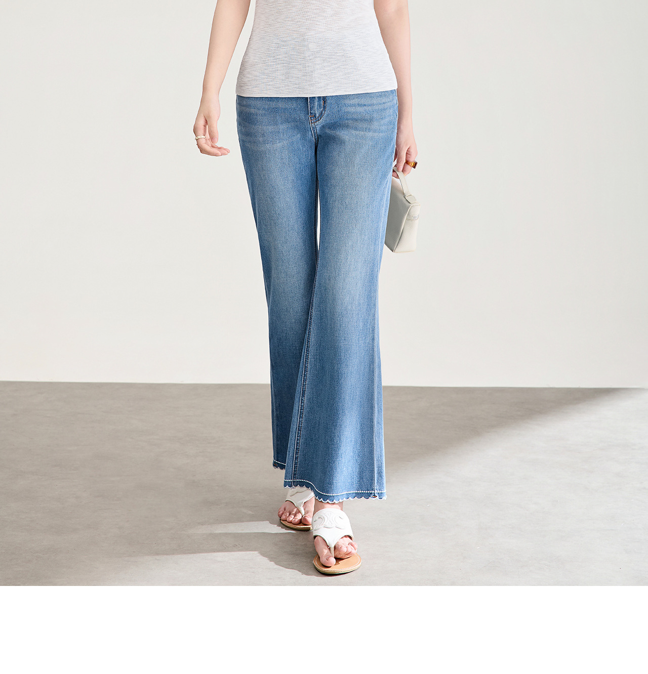 Quần jean nữ ống loe cạp cao co giãn bốn chiều vải cotton siêu mẫu — xanh lam chi tiết 17
