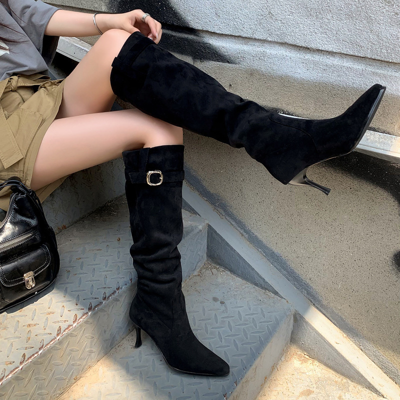 时尚辣妹细跟高跟高筒堆堆靴女绒面百搭不过膝长靴瘦瘦靴|undefined