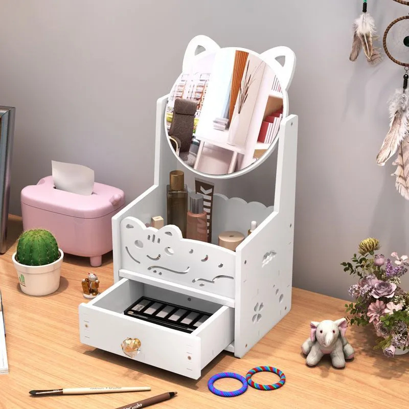 Espejo de maquillaje espejo portátil chica Internet celebridad escritorio vestidor espejo estudiante dormitorio tocador simple espejo con caja de almacenamiento