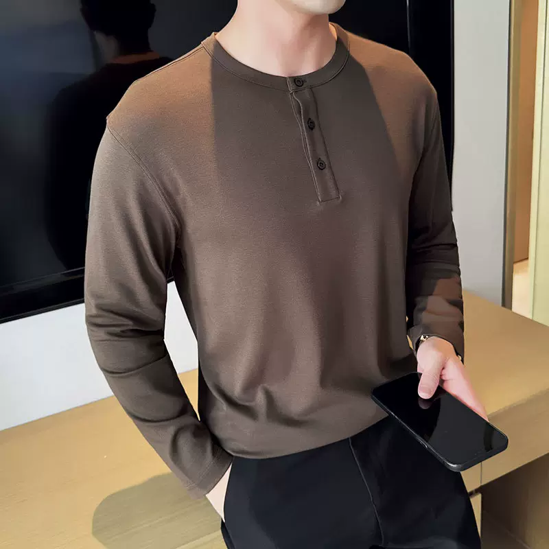 定制亨利领长袖打底衫男士t恤弹力圆领秋冬内搭休闲抗菌上衣纯色