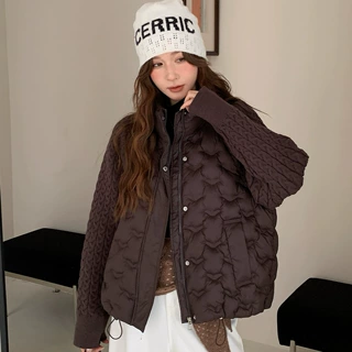 创意麻花针织袖拼接棉服立领短款小个子棉衣女秋冬季新款棉袄外套